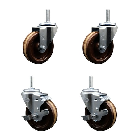 Service Caster 4 Inch High Temp Phenolic 58 Inch Threaded Stem Caster Set 2 Brakes SCC SCC-TS20S414-PHSHT-58212-2-TLB-2